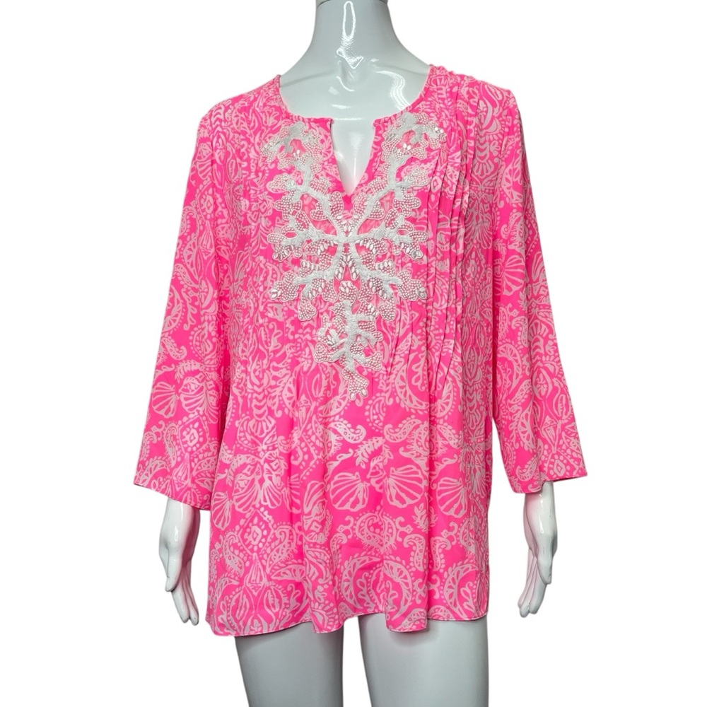 Lilly Pulitzer Marilna Neon Pink/White Embroidered Havana Pink Tunic Top Size L